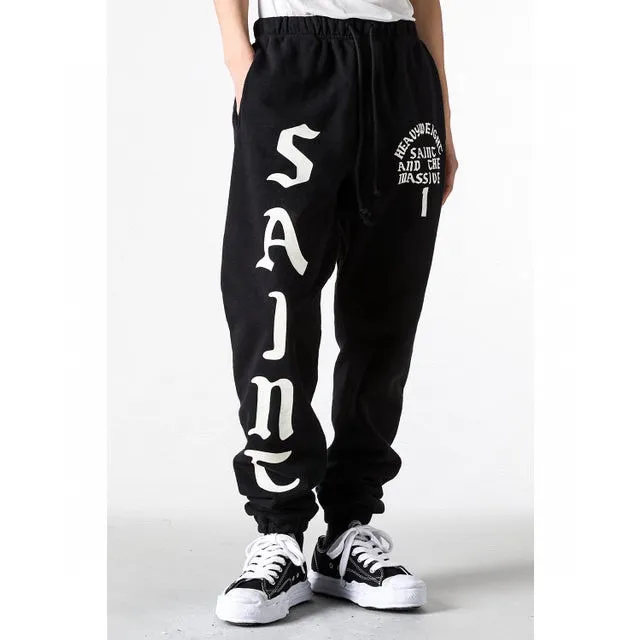 SAINT Mxxxxxx SWT PNT/IT'S SAINT/BLK flocked sweatpants black S-X ⚠️Attention: important points: this is flocking printing, not glue or crack paste. Don't buy what you see in the picture. Electrostatic flocking printing technology. Correct accessories. Fruit main mark/little angel anti-counterfeiting mark.